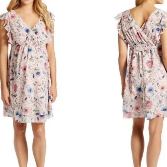NWT Jessica Simpson Pink Floral Flutter-Sleeve Maternity Dress - Picture 2 of 12